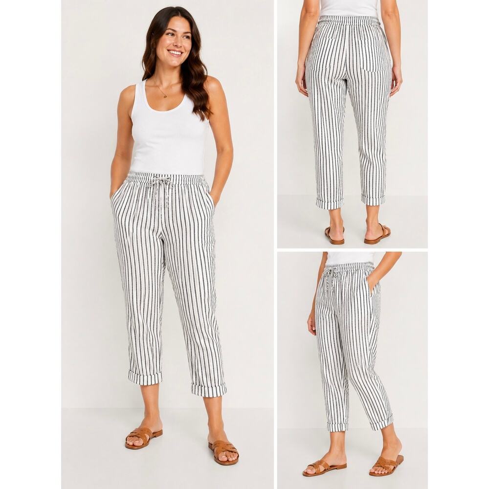 Old Navy Mid-Rise Linen Blend Crop Pants White Black Stripe Drawstring Pockets L